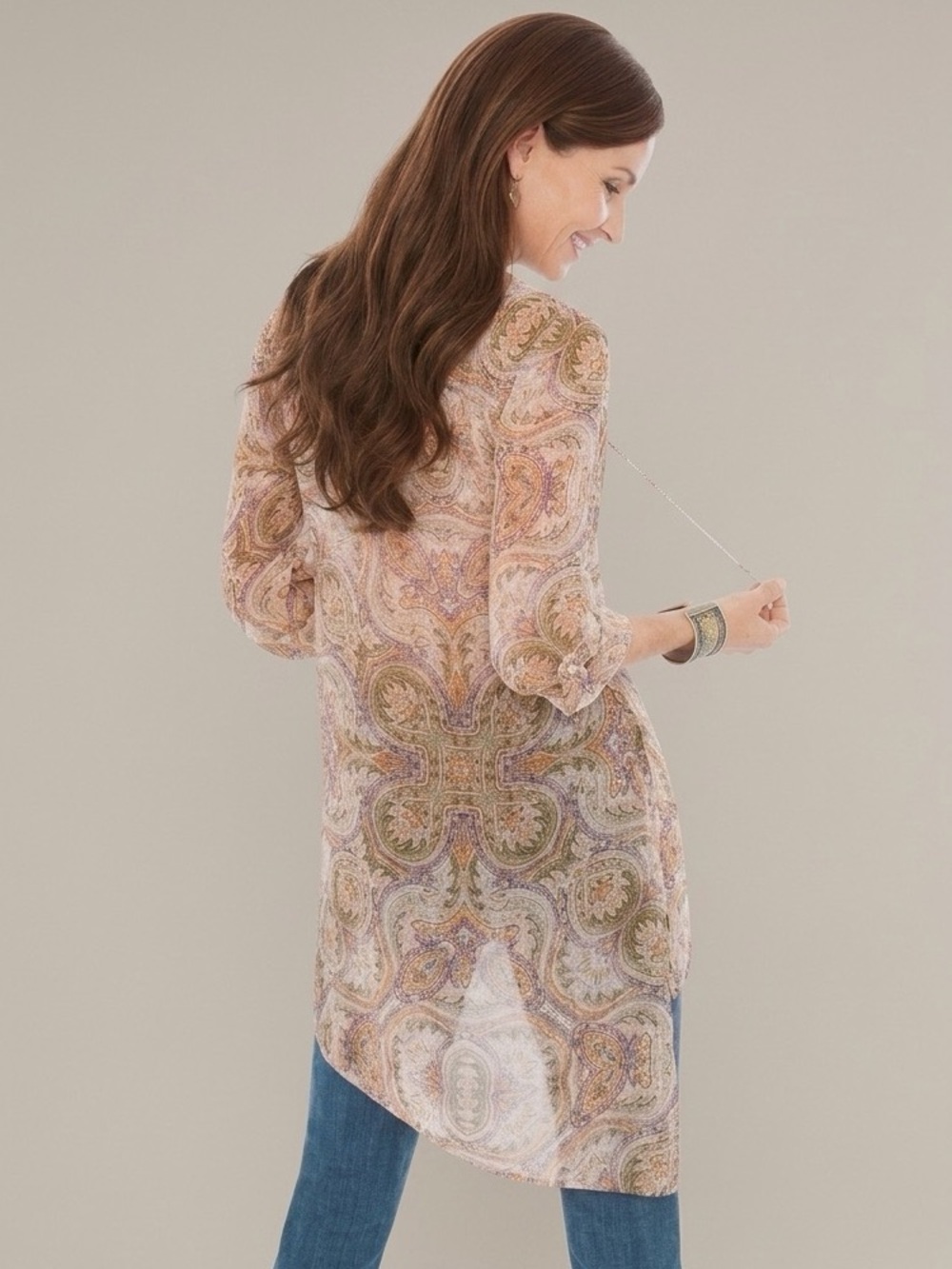 Chico's Paisley Sheer Tunic Blouse Sz 3 | XL Boho Hi Low Resort Flowy Cover Up